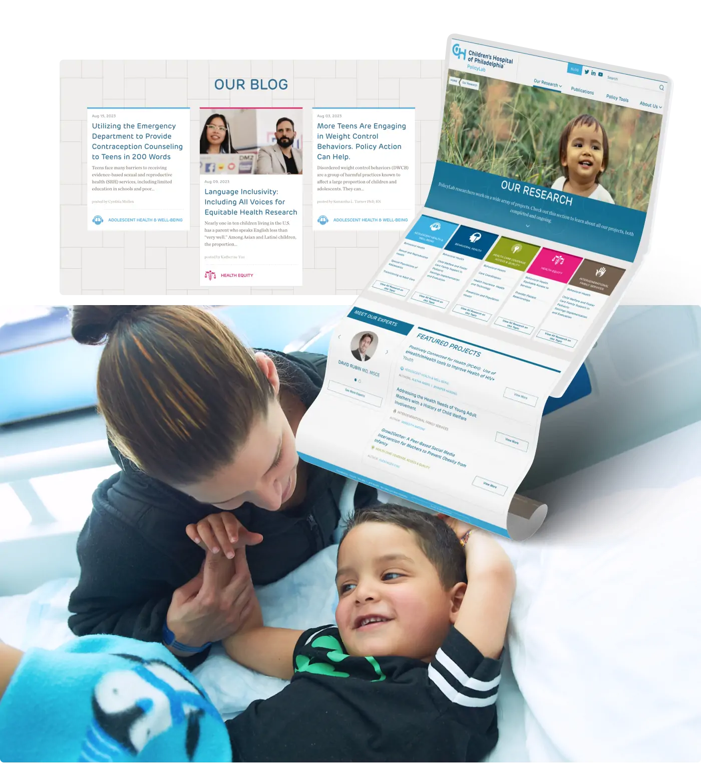 A collage with 2 screenshots of the redesigned blog and research pages for Policy Lab juxtaposed with a pediatric patient at Children's Hospital of Philadelphia
