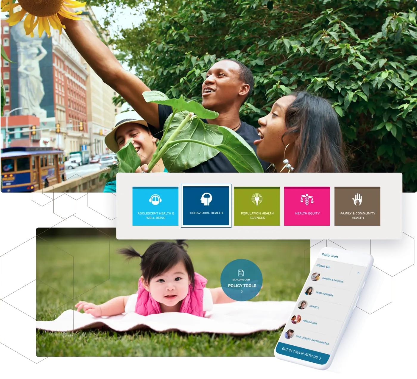 A collage of Policy Lab's new iconography for their website using bold shades of blue, green, and pink. In this collage, there is also a smartphone showcasing how the website looks on mobile. Highlighting the new color palette, the background shows two photos, the first is a group of teenagers picking a sunflower, and the second is the photo of a toddler laying on a blanket in some grass.