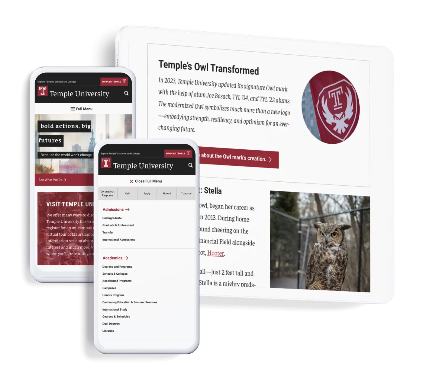 Temple University's Website Homepage & Navigation Menu on mobile & tablet views