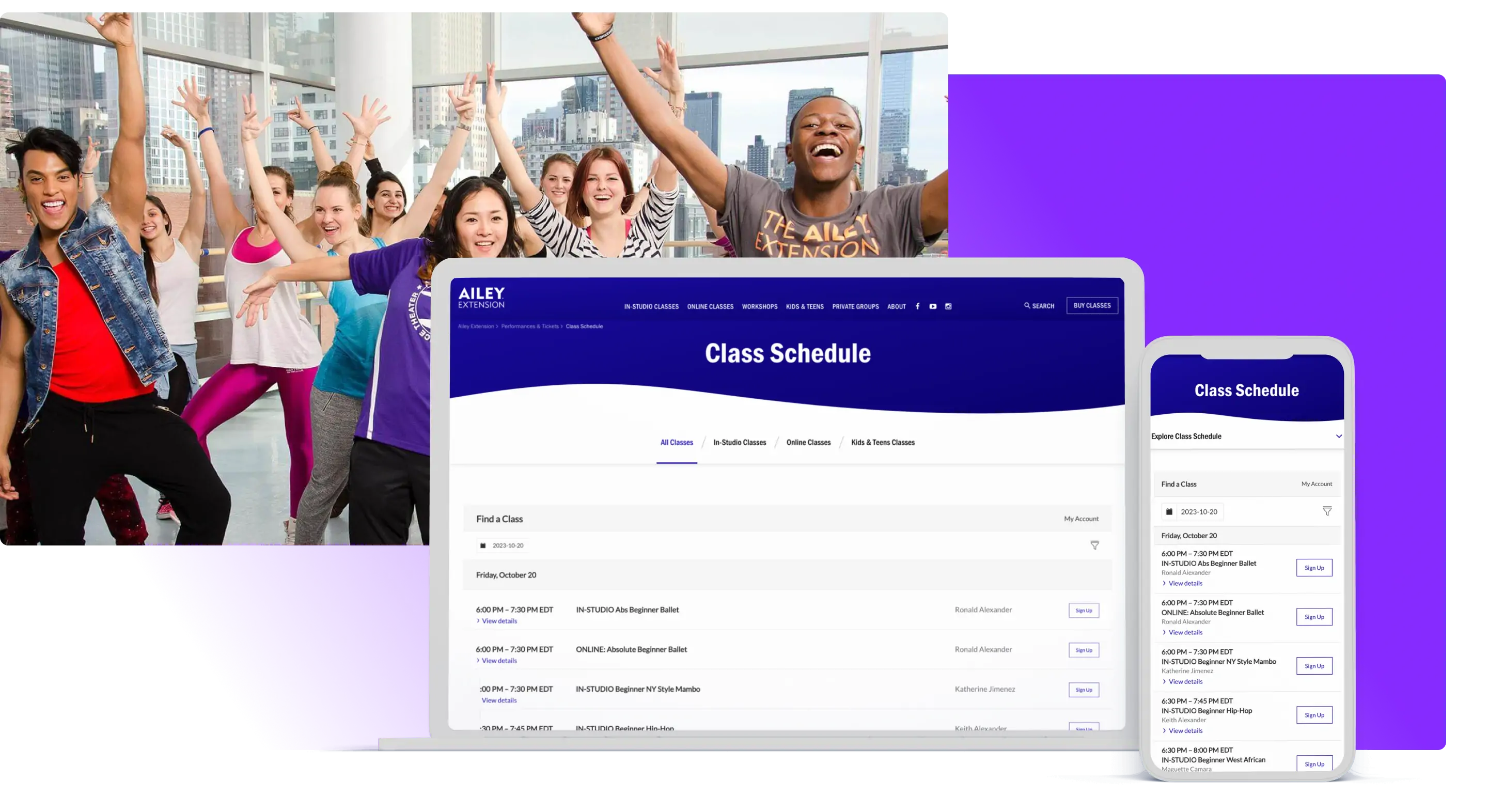 Class Schedule landing page design as seen on desktop and mobile devices