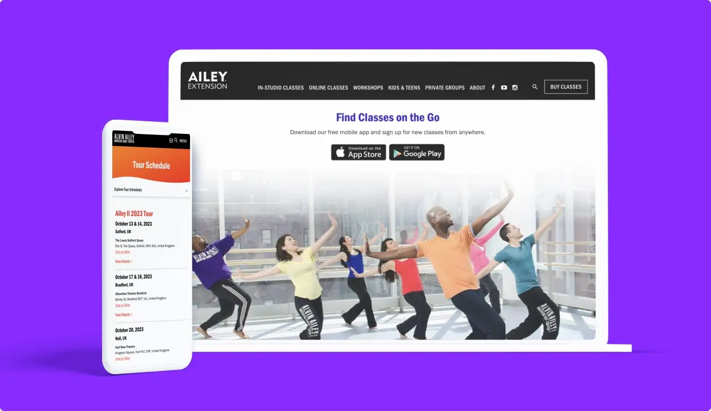 Design of Alvin Ailey Extension mini site as seen on laptop and mobile