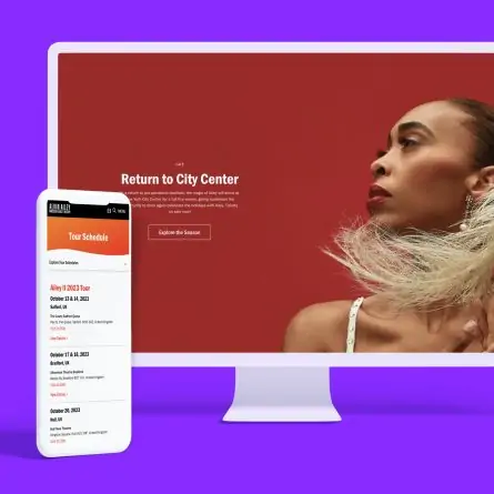 Dramatic landing page design highlighting dancer in costume
