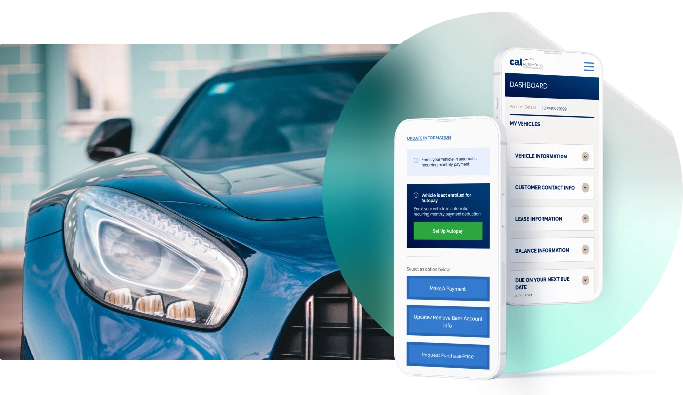 Redesigned customer dashboard on two mobile devices overlaid on car photo with matching color palette