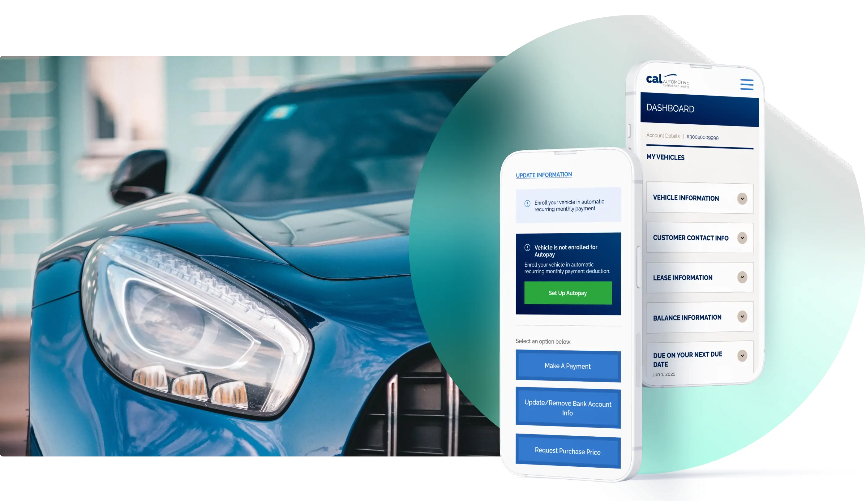 Redesigned customer dashboard on two mobile devices overlaid on car photo with matching color palette