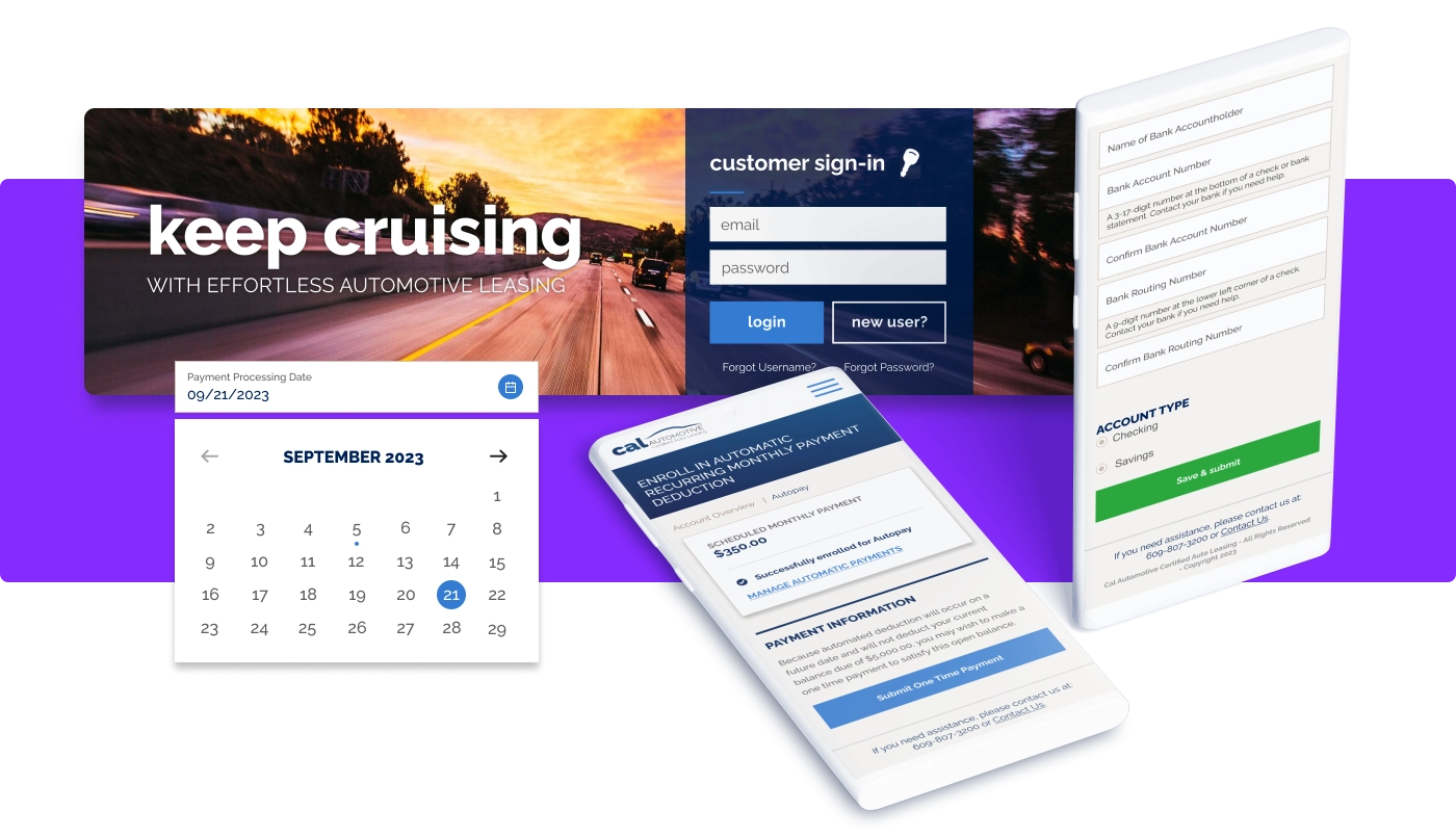 Design elements from CAL Auto showing the calendar feature, hero image with customer login, and internal account pages