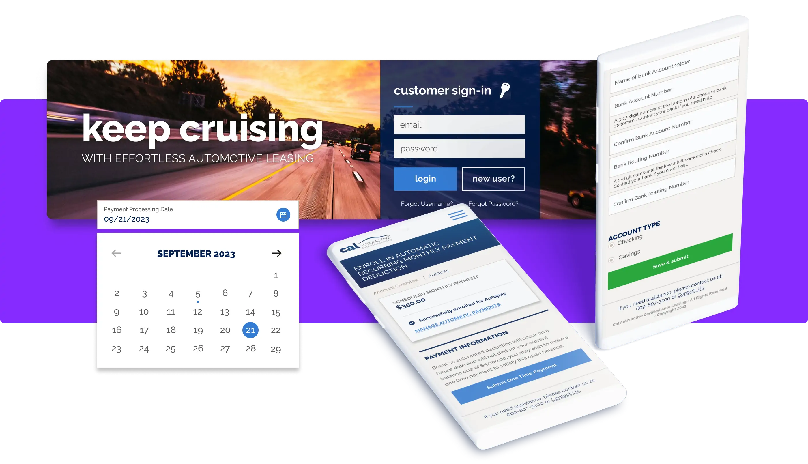 Design elements from CAL Auto showing the calendar feature, hero image with customer login, and internal account pages