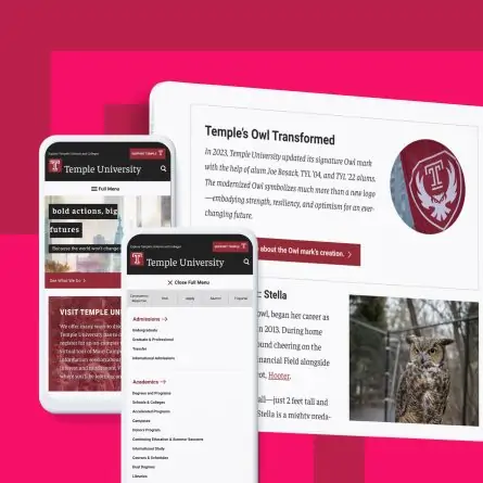 Mock ups and Temple University redesign and branding with views of Mockups of homepage, navigation, and content layout on mobile & tablet