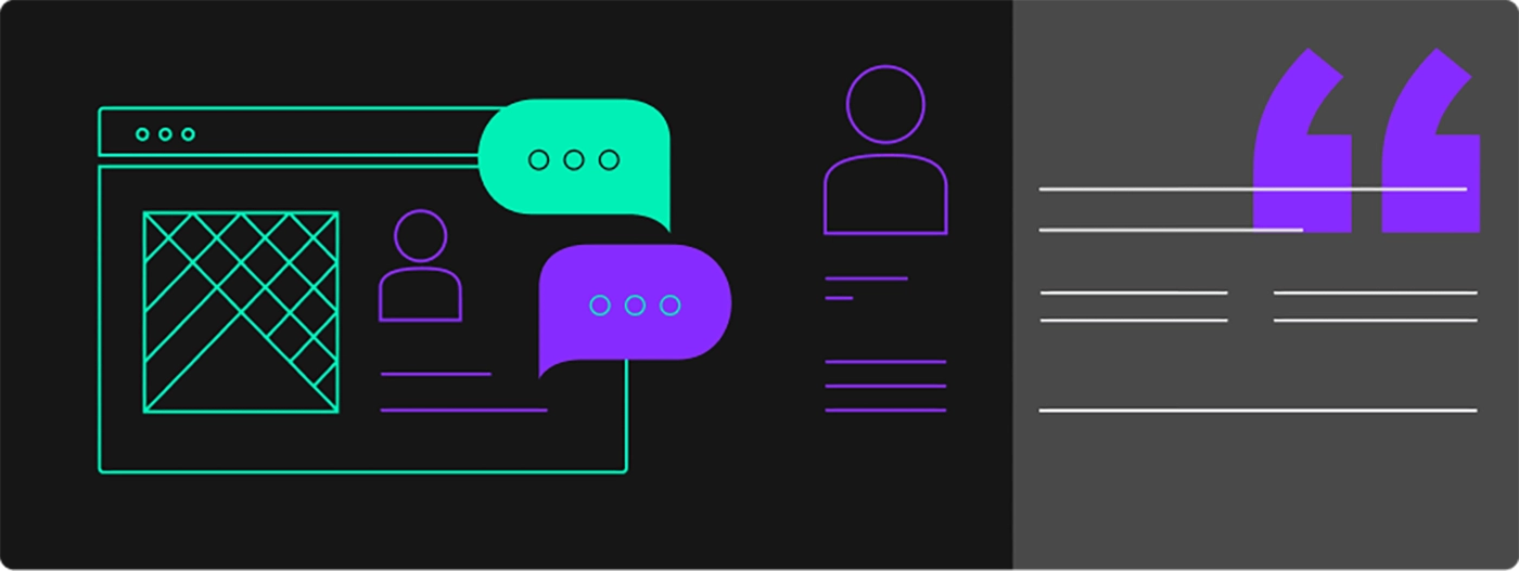Infographic featuring a black rectangle with a green computer monitor outline and inside it a green image outline, next to a purple person icon and horizontal lines, and two chat bubbles one green, and one purple. To the right of the computer outline, is another purple person icon with purple lines beneath it. Adjacent to the black rectangle is a narrower gray rectangle with white horizontal lines and a large purple quotation mark.