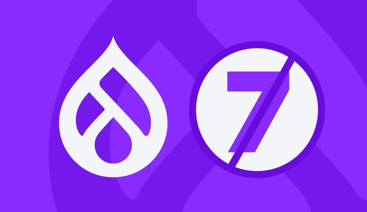 Purple background with a partial outline of a Drupal droplet icon, with a white Drupal droplet icon next to a crossed out purple 7 in a white circle.