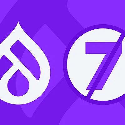 Purple background with a partial outline of a Drupal droplet icon, with a white Drupal droplet icon next to a crossed-out purple 7 in a white circle.
