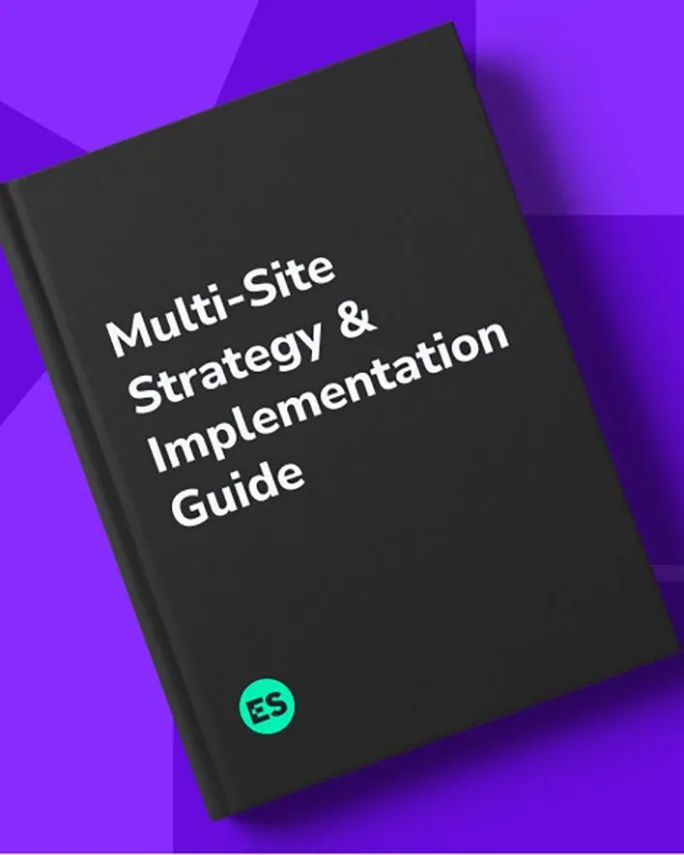 A black book on a purple background. Title: Multi-Site strategy & Implementation Guide; on the left corner of the book is a green circle with ES