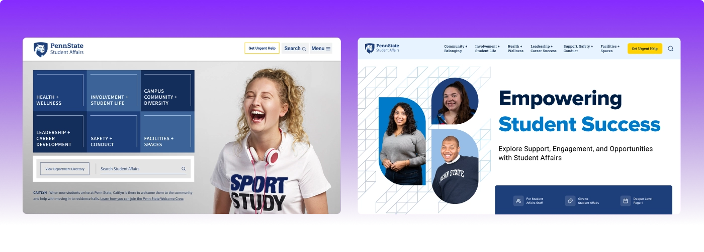 Two screenshots from the Penn State Studen Affairs website showing the homepage redesign
