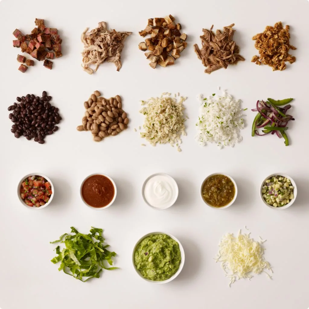 Various Chipotle ingredients (salsa, black beans, guacamole, etc.)