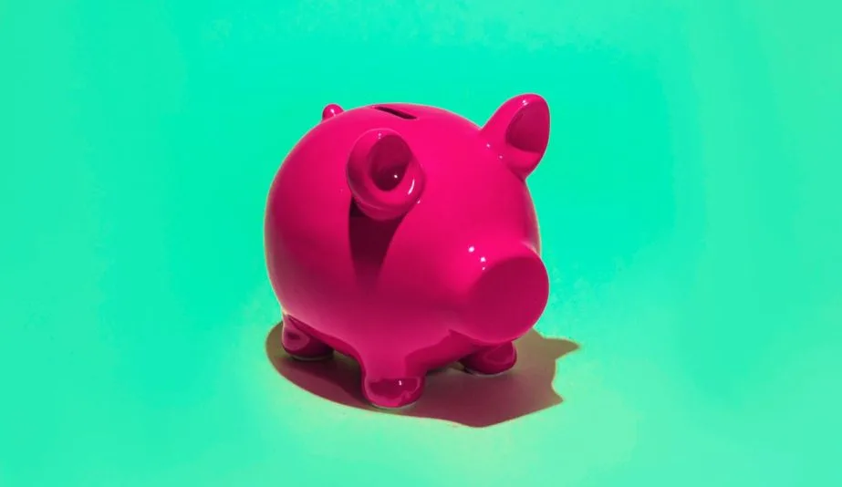 Image of ceramic piggy bank. Piggy bank is bright hot pink in a dramatic photo with a bright green background.