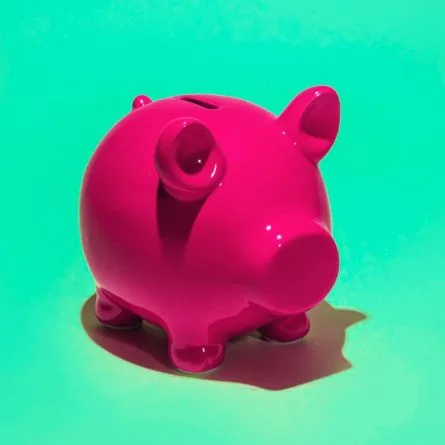 Image of ceramic piggy bank. Piggy bank is bright hot pink in a dramatic photo with a bright green background.