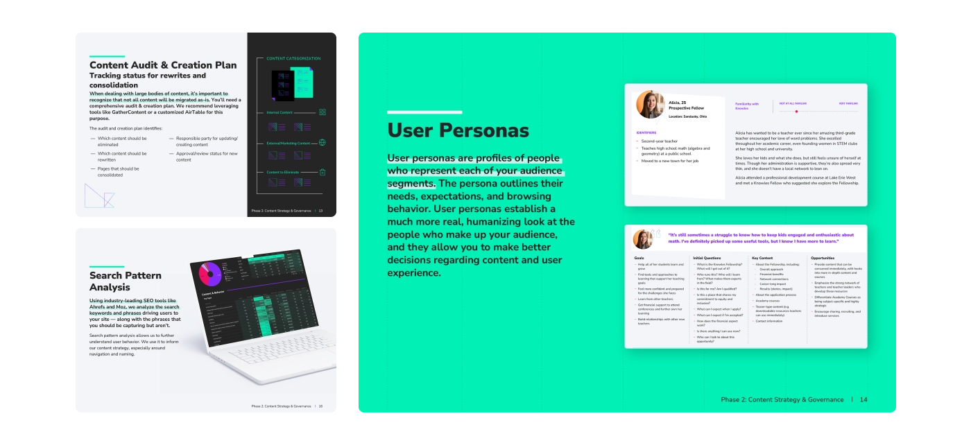 Additional pages from the guide showing topics such as: user personas, search pattern analysis, content audit & creation plan.
