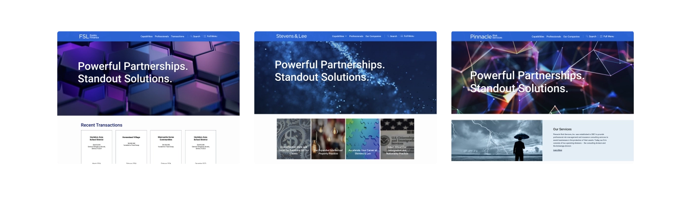 3 screenshots from a previous project showing the integration of multi-sites into one cohesive design for brands Stevens & Lee