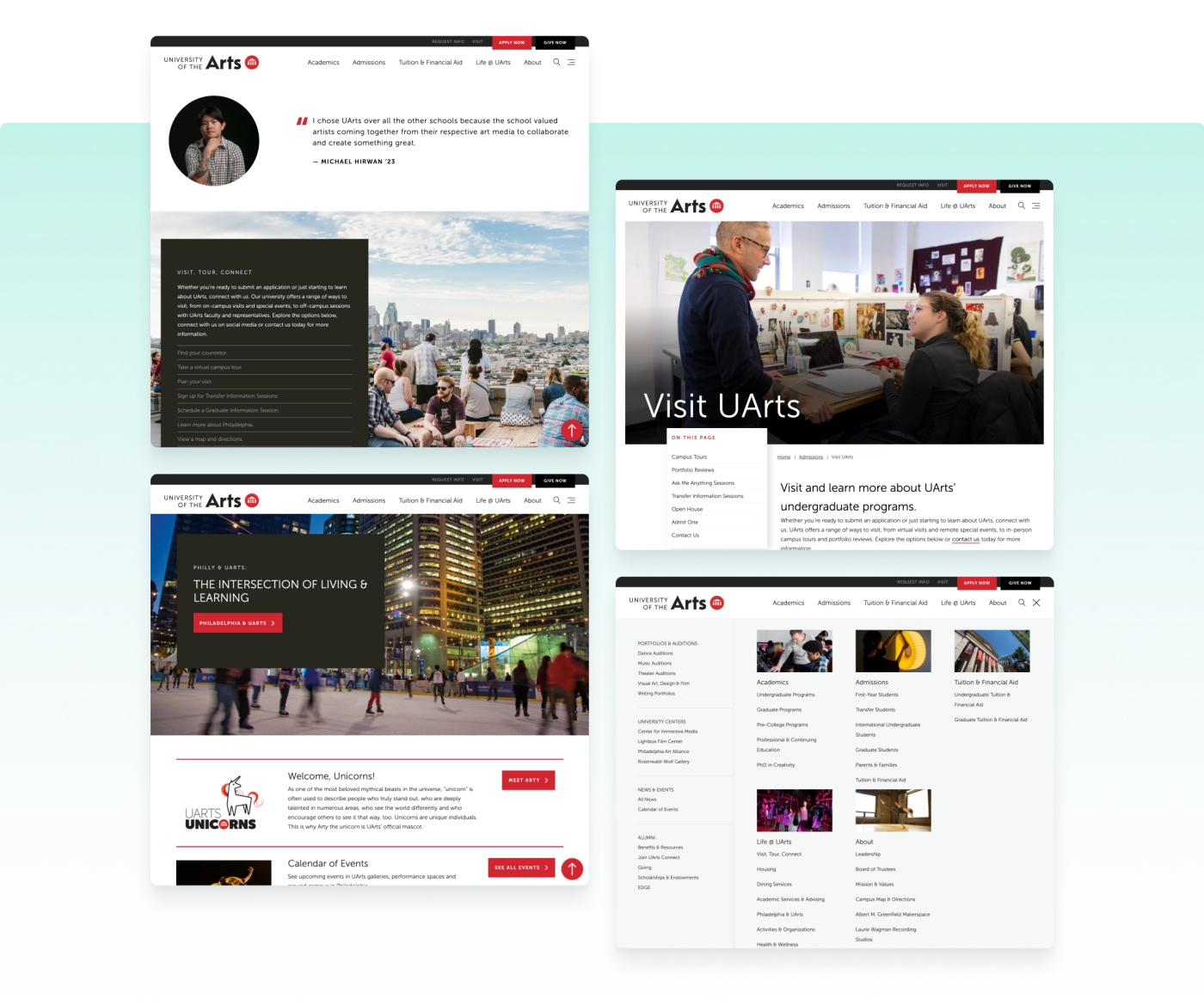 Four screenshots from the University of the Arts project with new design elements highlighted across different pages.