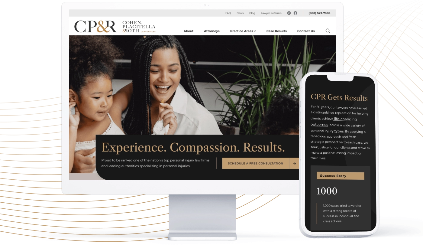 Cohen, Placitella & Roth's new homepage design as seen on desktop and on an iPhone
