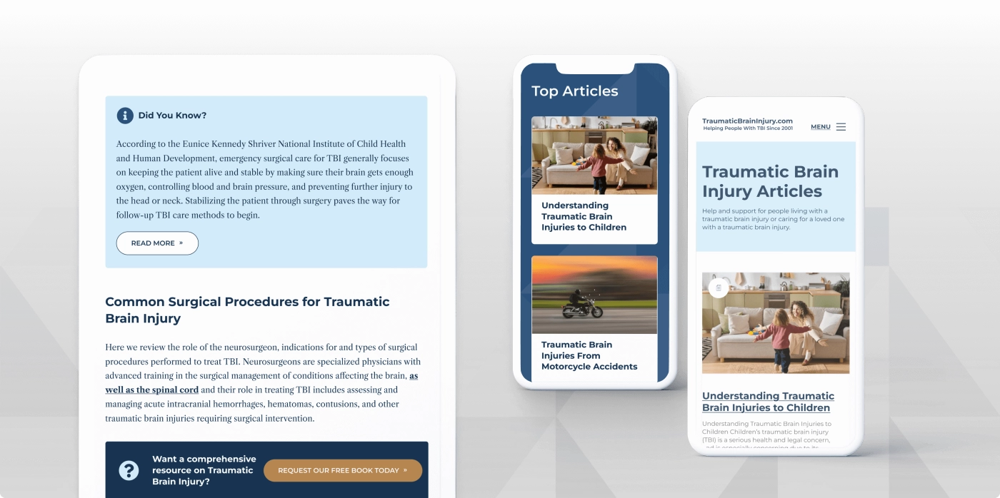 Website and mobile mockups showing traumatic brain injury articles and resources.
