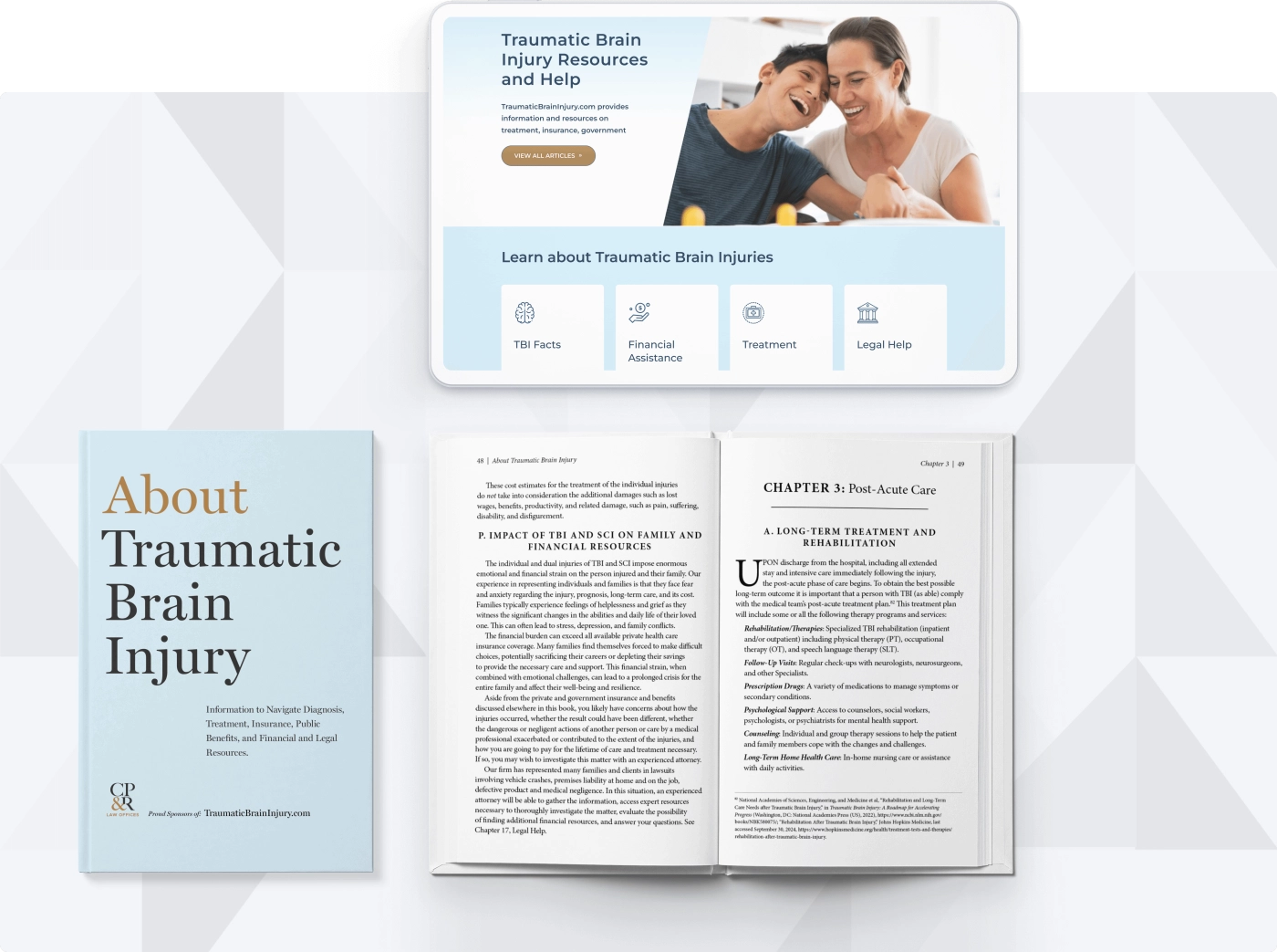 Book titled 'About Traumatic Brain Injury' alongside an open spread and a website mockup of TBI resources.