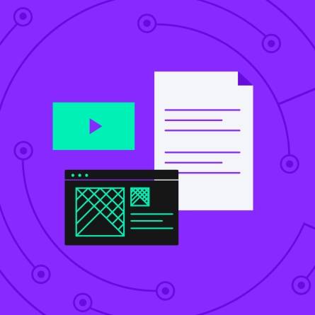 A documentation icon, a play button, and a computer screen on a purple background