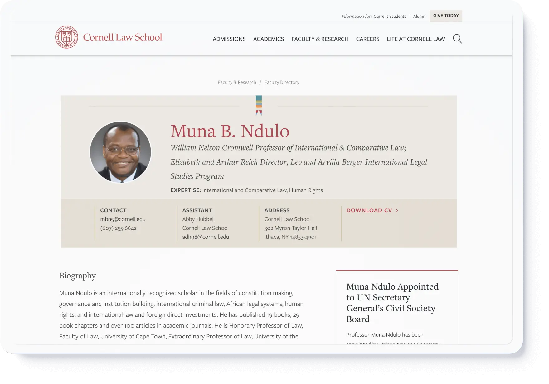 A faculty directory profile from Cornell Law School featuring a professional headshot, contact information, areas of expertise, and links to download a CV. The page design emphasizes clarity and accessibility for users seeking faculty details.