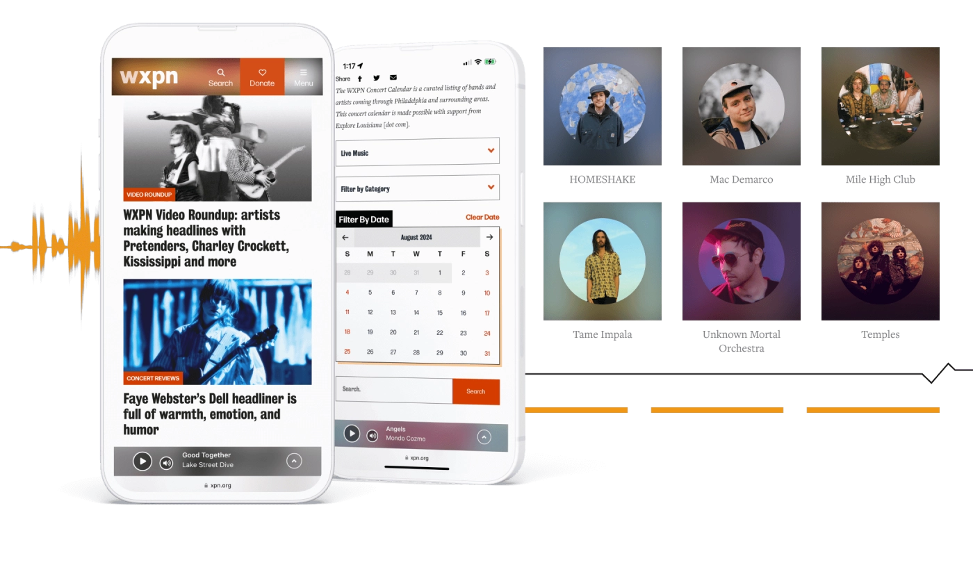 WXPN website displayed on mobile screens, highlighting news articles, an event calendar, and a soundwave-inspired background.