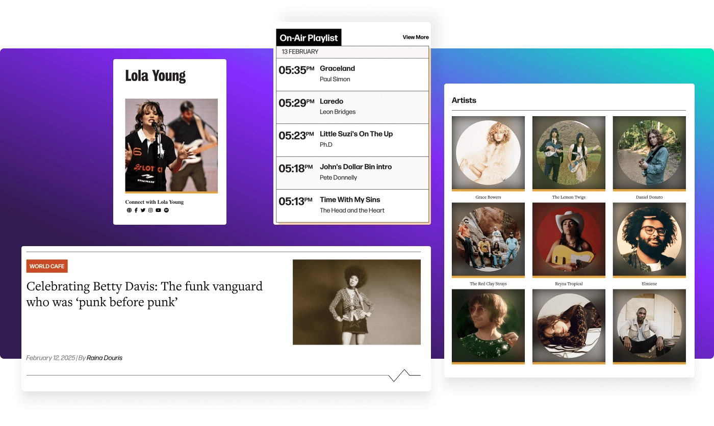Collage of WXPN's website elements, including playlist, featured artists, and article preview.