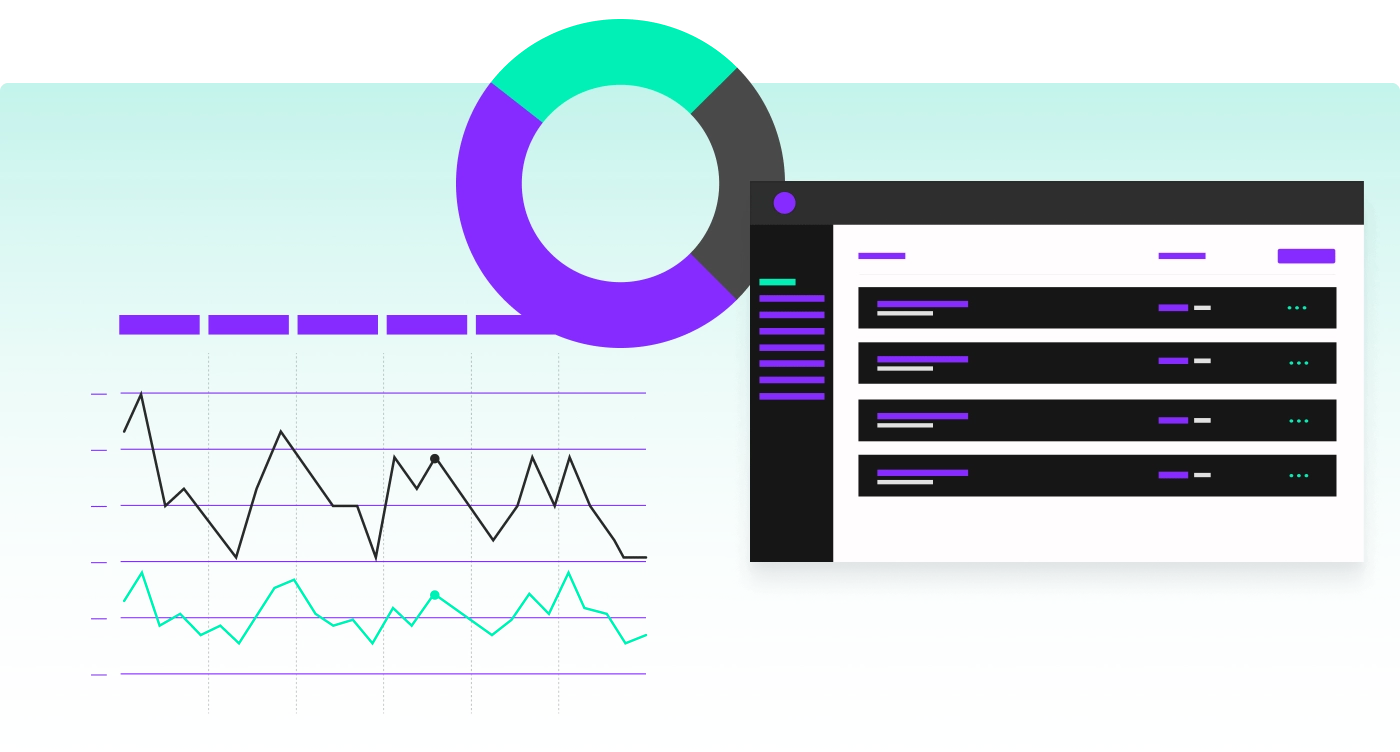Illustrative analytics dashboard with a pie chart, line graphs, and a modern UI interface.