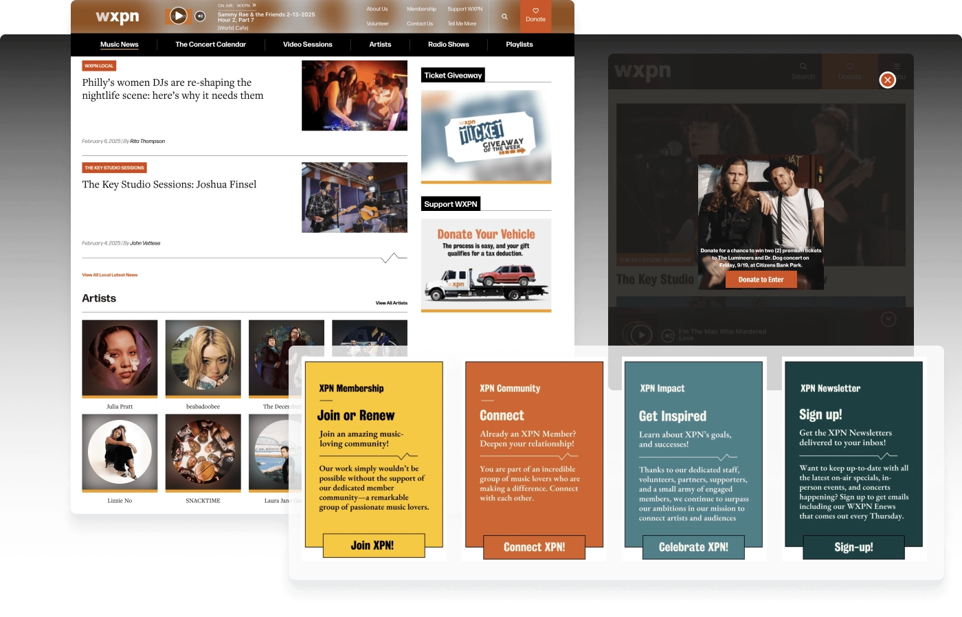 A visually engaging layout of WXPN’s website showcasing featured artists, recent articles, and an on-air playlist.