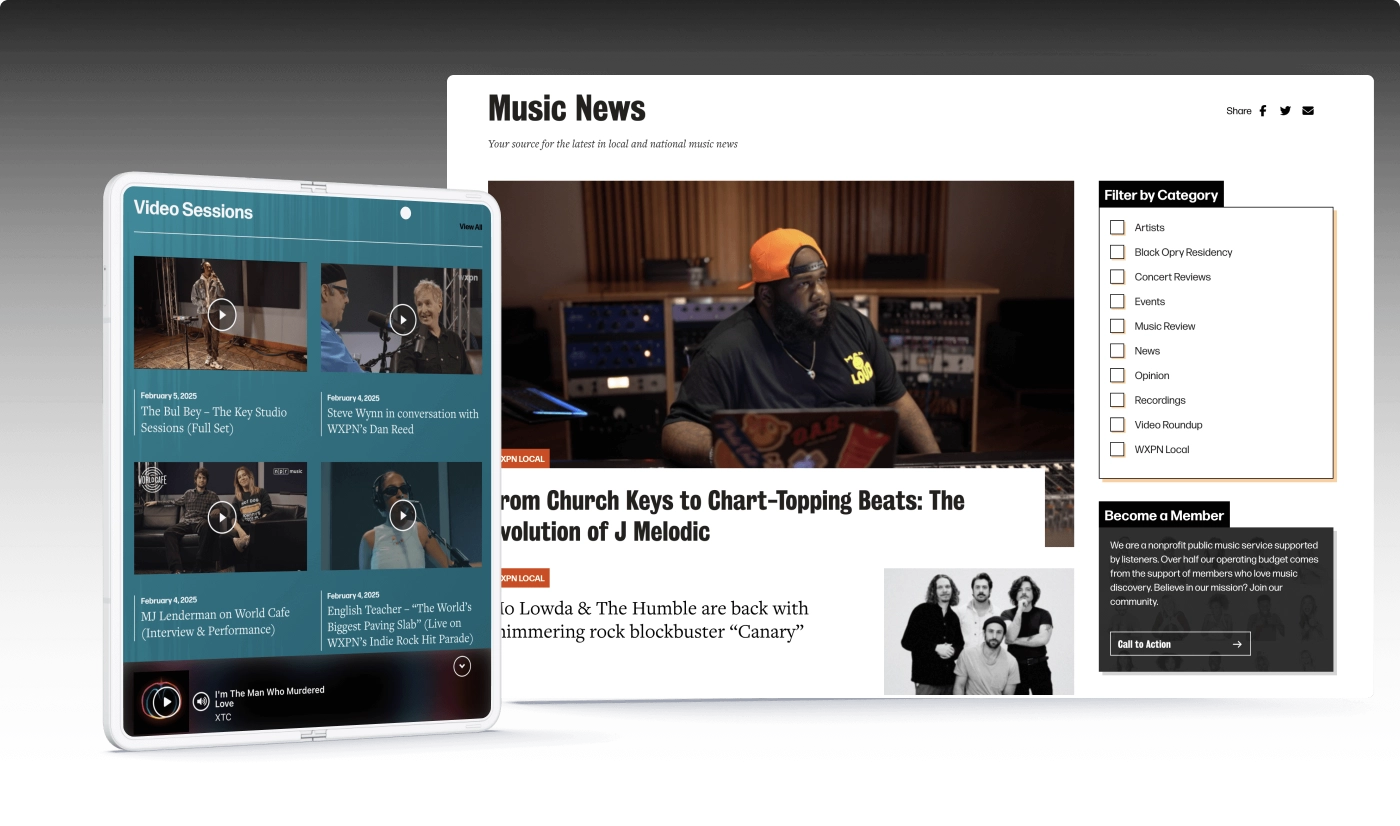 WXPN music news section featuring a video interview, an article with a musician, and filtering options.
