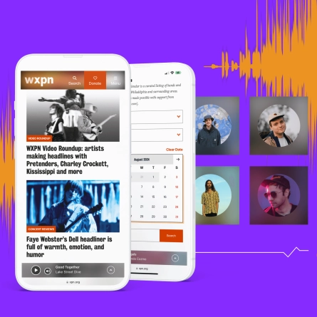 WXPN website preview on mobile devices with a vibrant soundwave design and artist images.