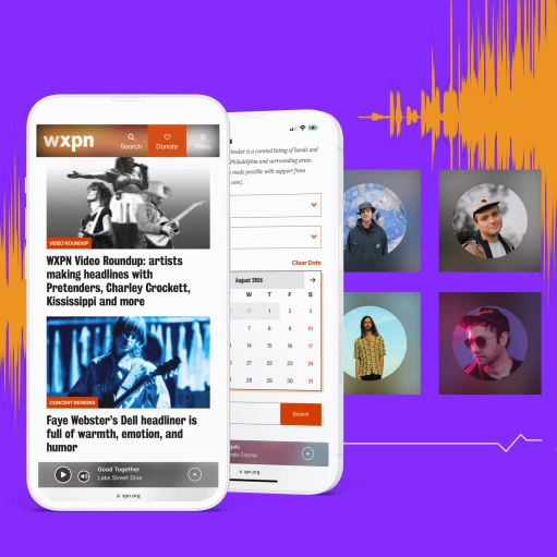 WXPN website preview on mobile devices with a vibrant soundwave design and artist images.