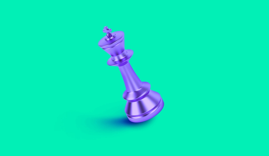 Purple metallic chess king piece tilted on a teal background, symbolizing strategic power or leadership in a digital or futuristic context.