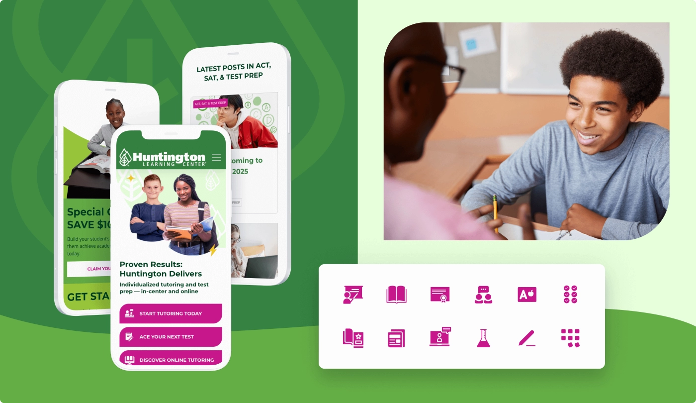 Mobile and desktop mockups of the Huntington Learning Center website, showcasing custom iconography, test prep offerings, and a student engaged in a tutoring session.