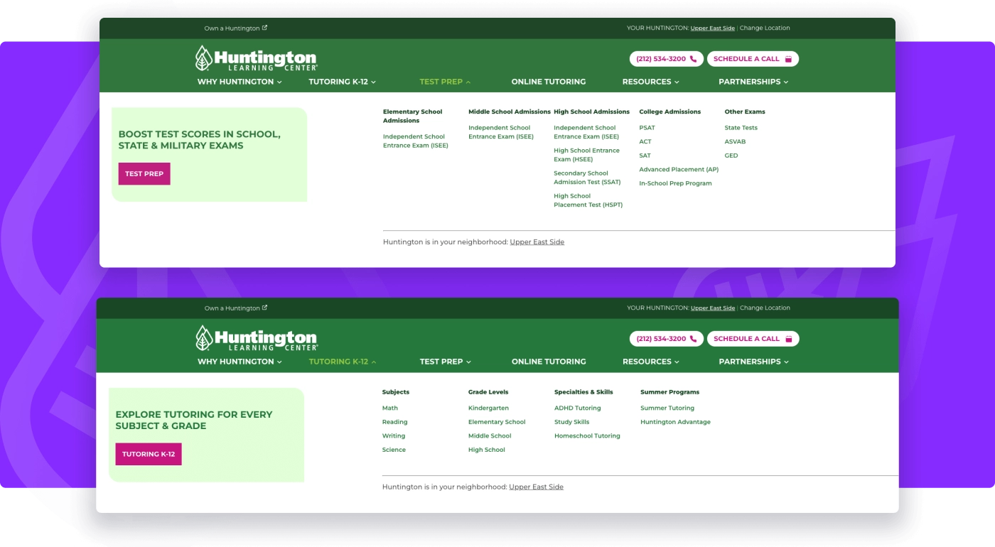 Screenshot of the Huntington Learning Center website navigation menus, highlighting test prep and tutoring categories across school levels and subjects.