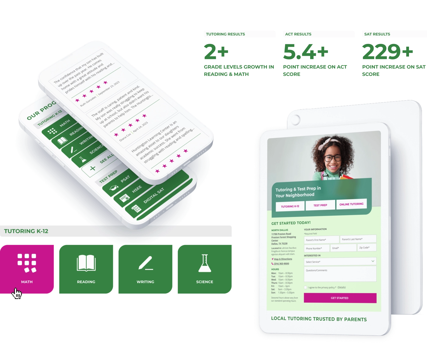 Tablet and mobile mockups displaying tutoring subject options, user testimonials with star ratings, and metrics showing academic improvement from Huntington Learning Center programs.