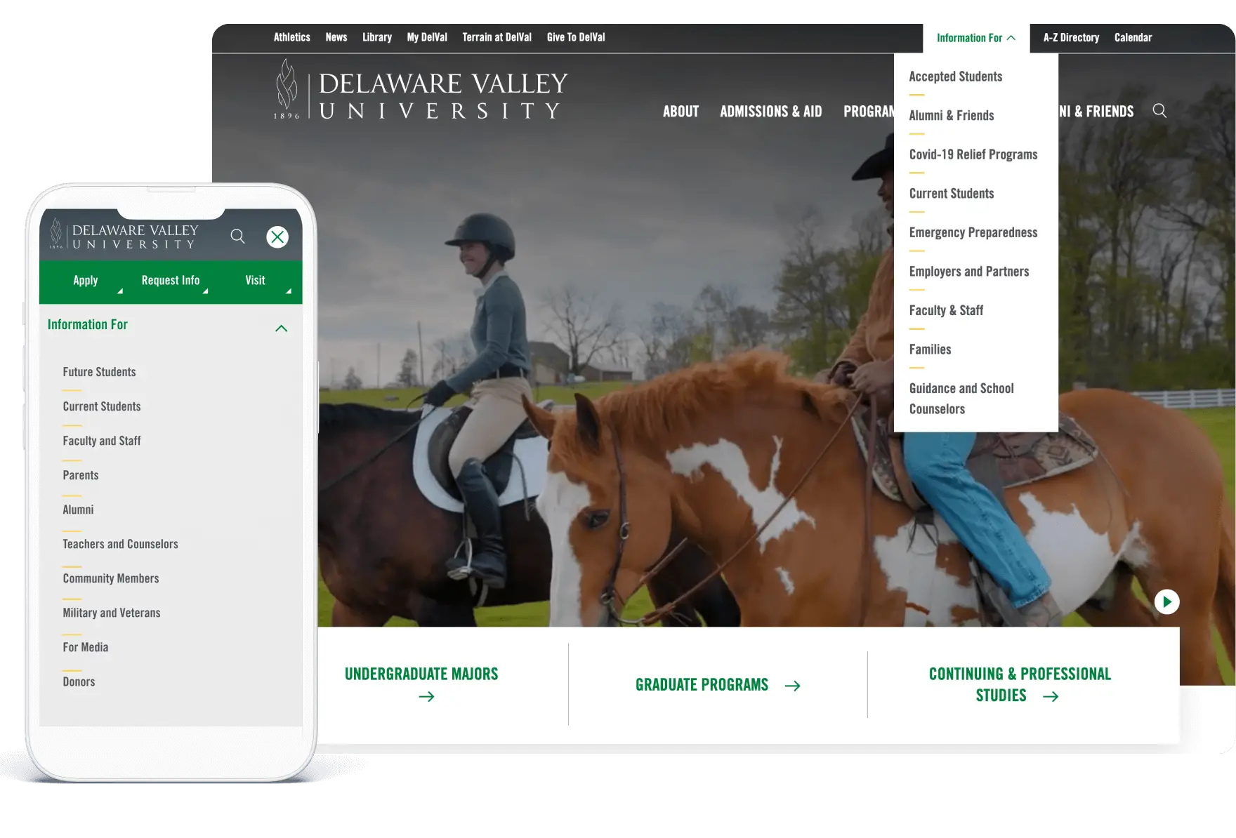 Delaware Valley University website shown on desktop and mobile. Background image features students riding horses, with an open ‘Information For’ dropdown menu on desktop.