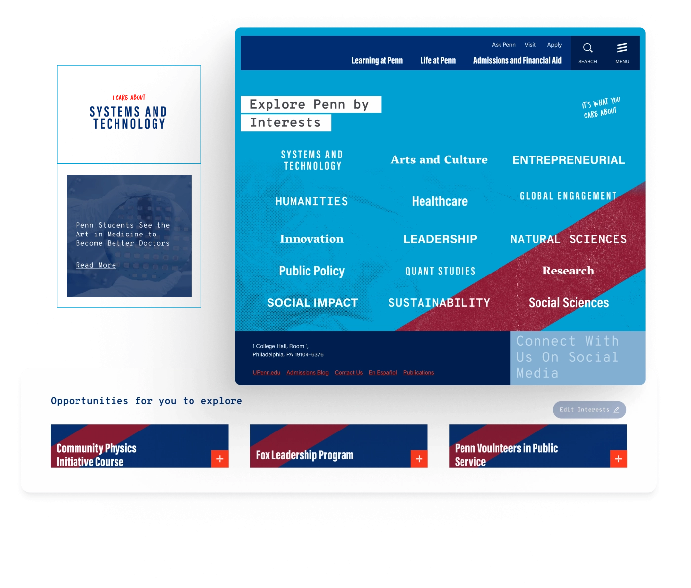 University of Pennsylvania website section displaying interest-based navigation with topics like ‘Healthcare,’ ‘Leadership,’ and ‘Public Policy’ on a blue background.