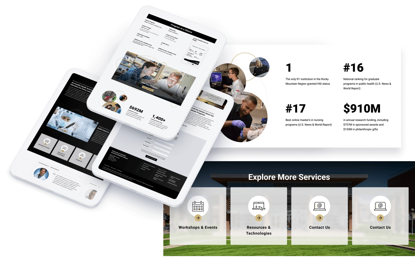 CU Anschutz Medical Campus digital program page design with tablets displaying degree details, stats about rankings and research funding, and callouts for workshops, events, and contact info.