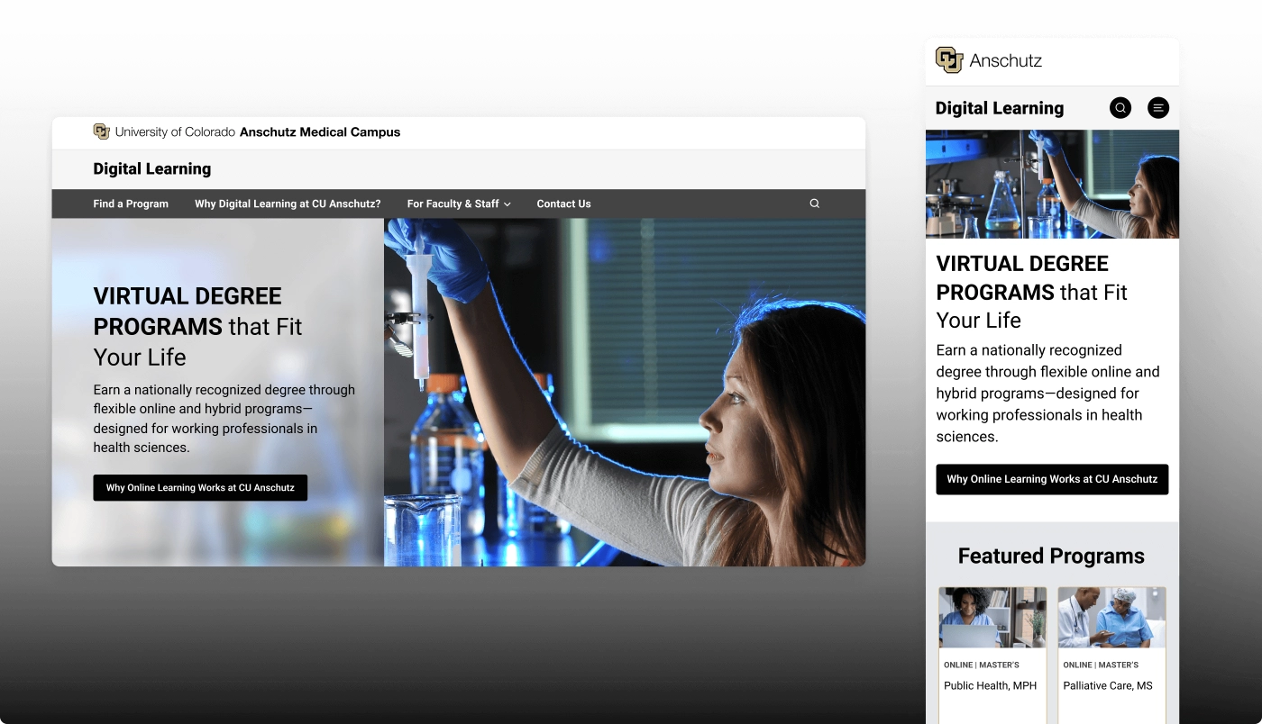 Homepage of CU Anschutz Digital Learning site in desktop and mobile views. A student in a lab uses a pipette, emphasizing flexible virtual degree programs for healthcare professionals.