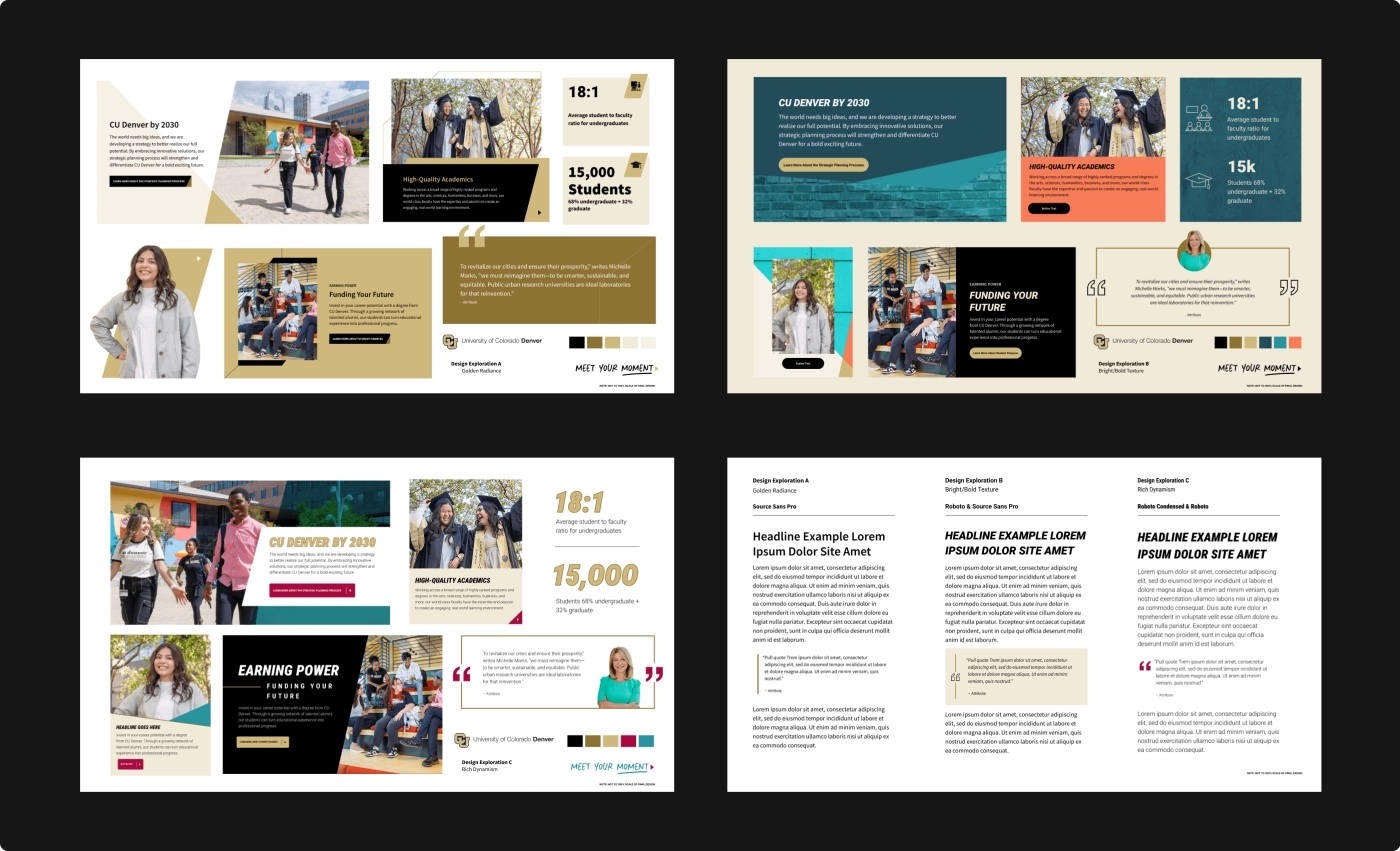 Four design exploration slides for CU Denver branding. Each highlights variations in layout, color palette, iconography, and typography to visually represent the university’s identity and strategy.