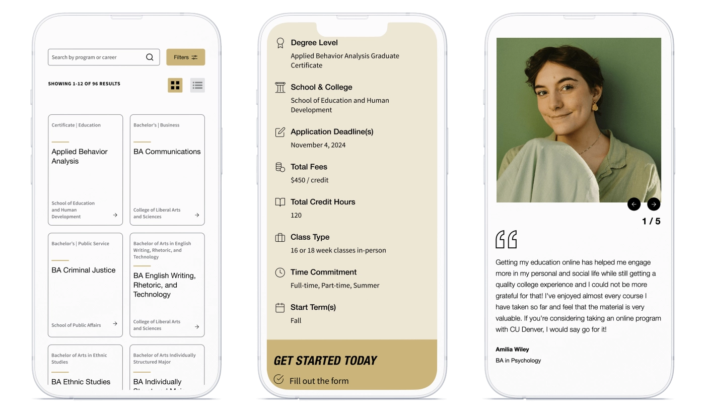 Mobile screens display CU Denver Online program search, program details, and a student testimonial. Filters and cards present programs, fees, class type, and degree info.