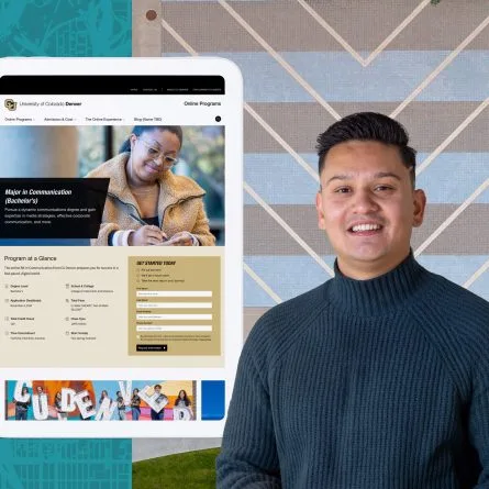 A smiling student stands in front of a stylized University of Colorado Denver background. Two devices float beside him, showcasing the online communication degree programs.