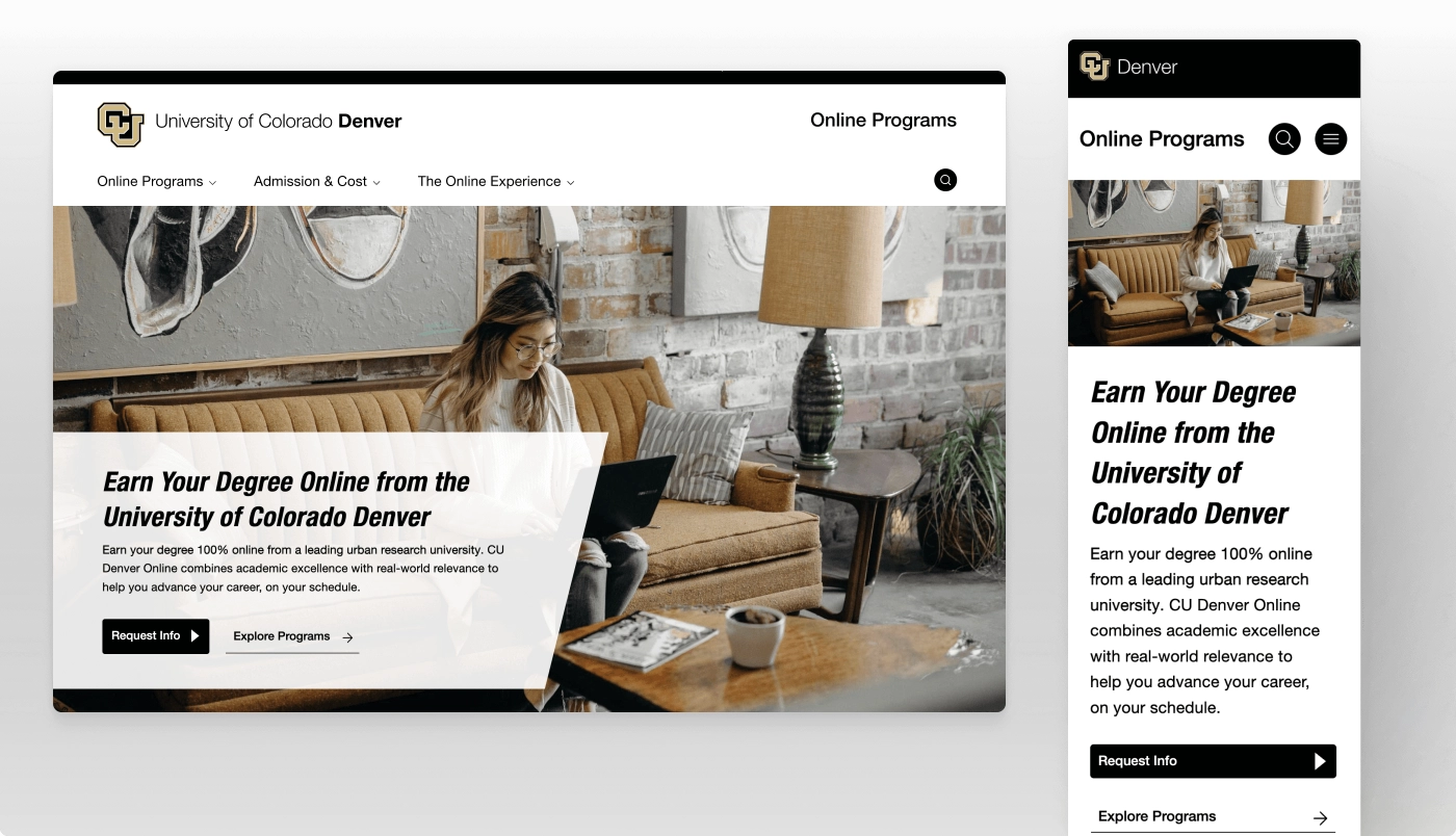 Homepage of the CU Denver Online website shown on desktop and mobile views. A student works on a laptop from home, with bold messaging about earning an online degree and options to explore programs or request info.
