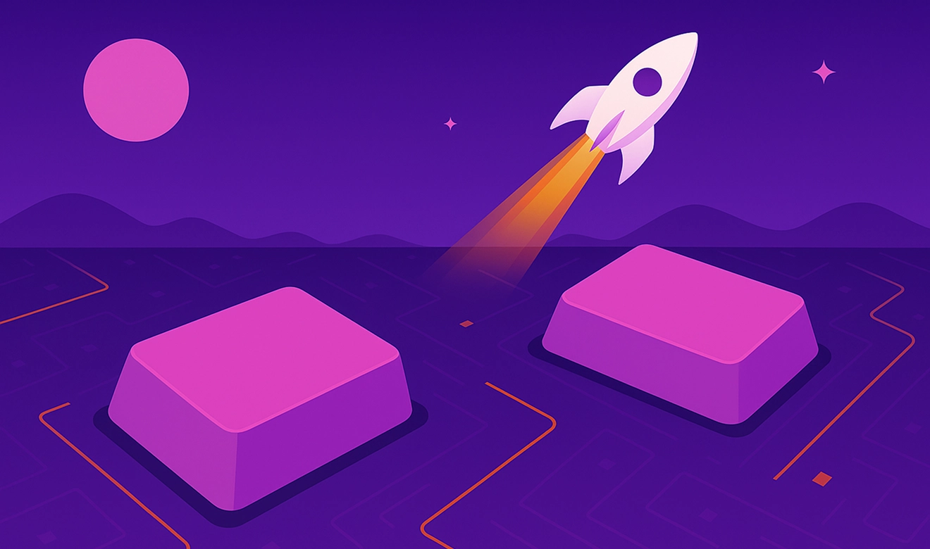 Illustration of a rocket launching between two keyboard keys on a digital landscape, symbolizing website performance and accessibility improvements.