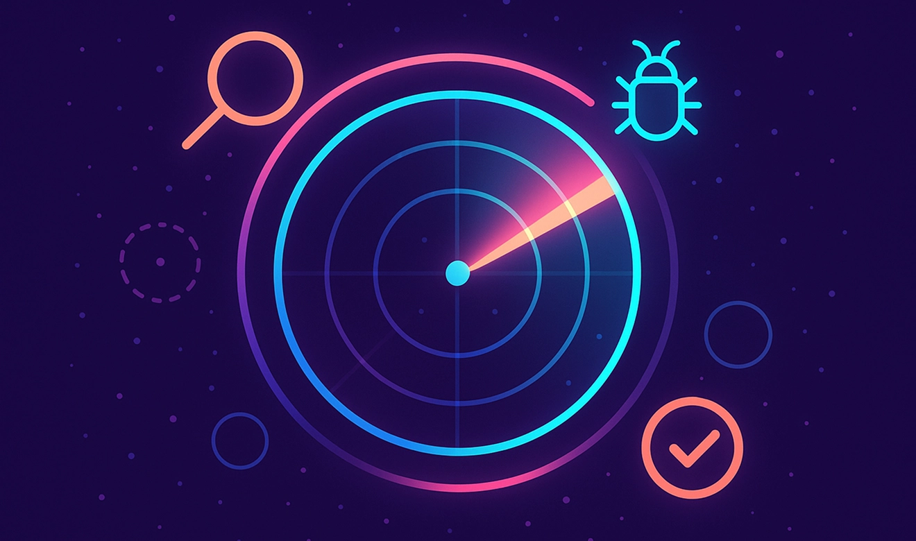 Radar interface with a bug icon and checkmark, representing website testing and scanning for accessibility issues.