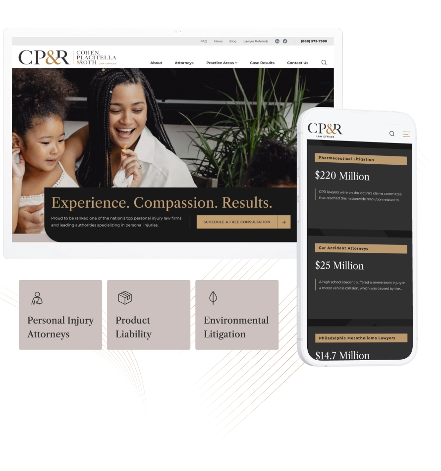 CPR Law website design mockups showing homepage with tagline 'Experience. Compassion. Results.' and mobile case results view with highlighted settlement amounts.