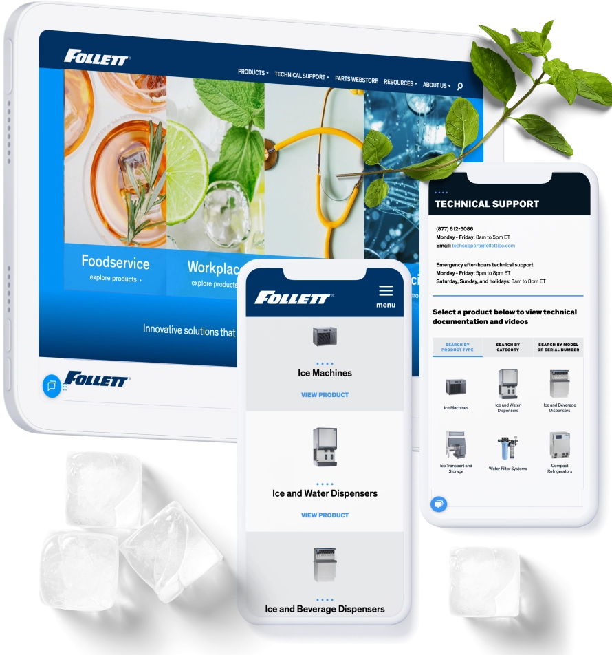 Follett website design mockups showing product categories like ice machines and dispensers on desktop and mobile, with mint leaves and ice cubes highlighting the brand’s clean, modern aesthetic.